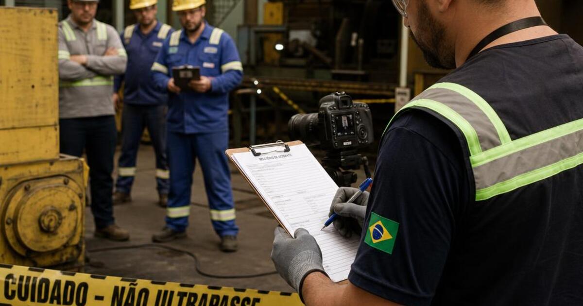 Profissional de SST documentando acidente de trabalho com prancheta e câmera em ambiente industrial, fita de interdição amarela visível
