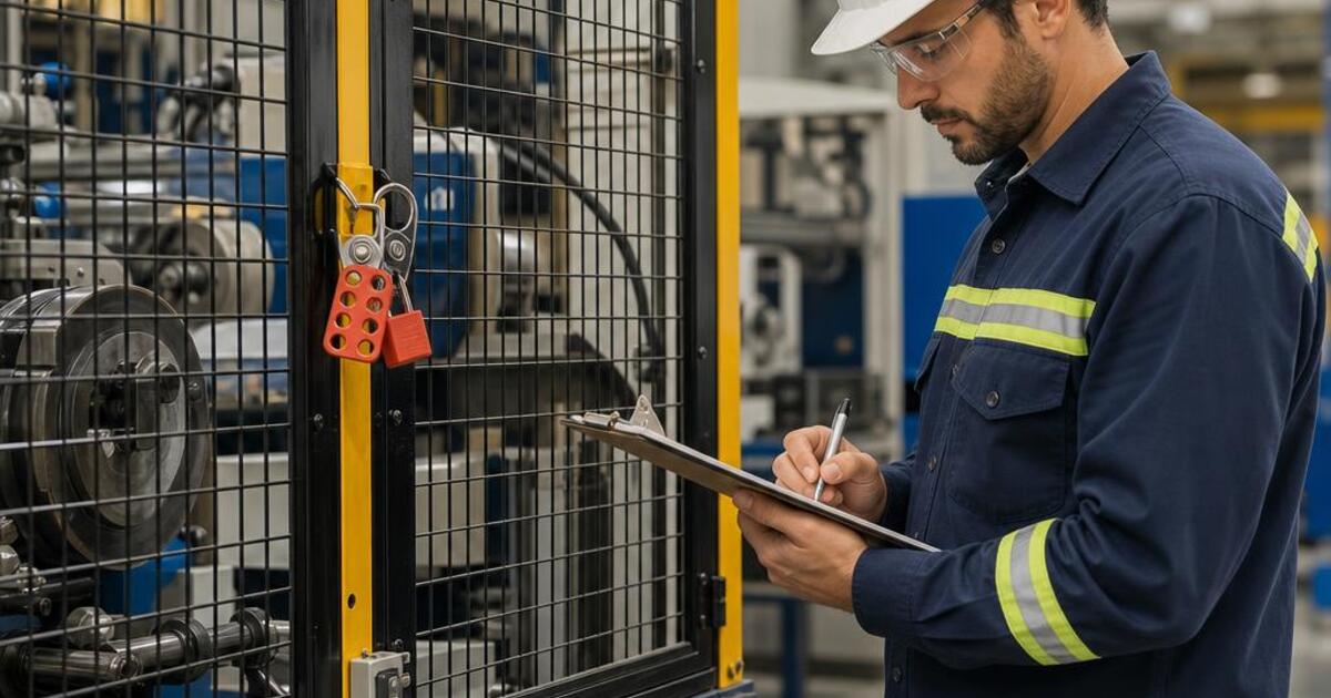 Engenheiro de segurança realizando análise de risco em máquina industrial com prancheta e EPI completo.
