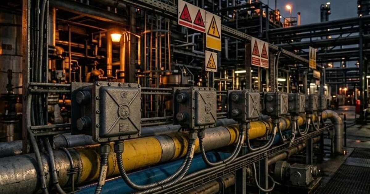 Painel elétrico com placa de sinalização "Área Classificada — Zona 1" em ambiente industrial petroquímico.