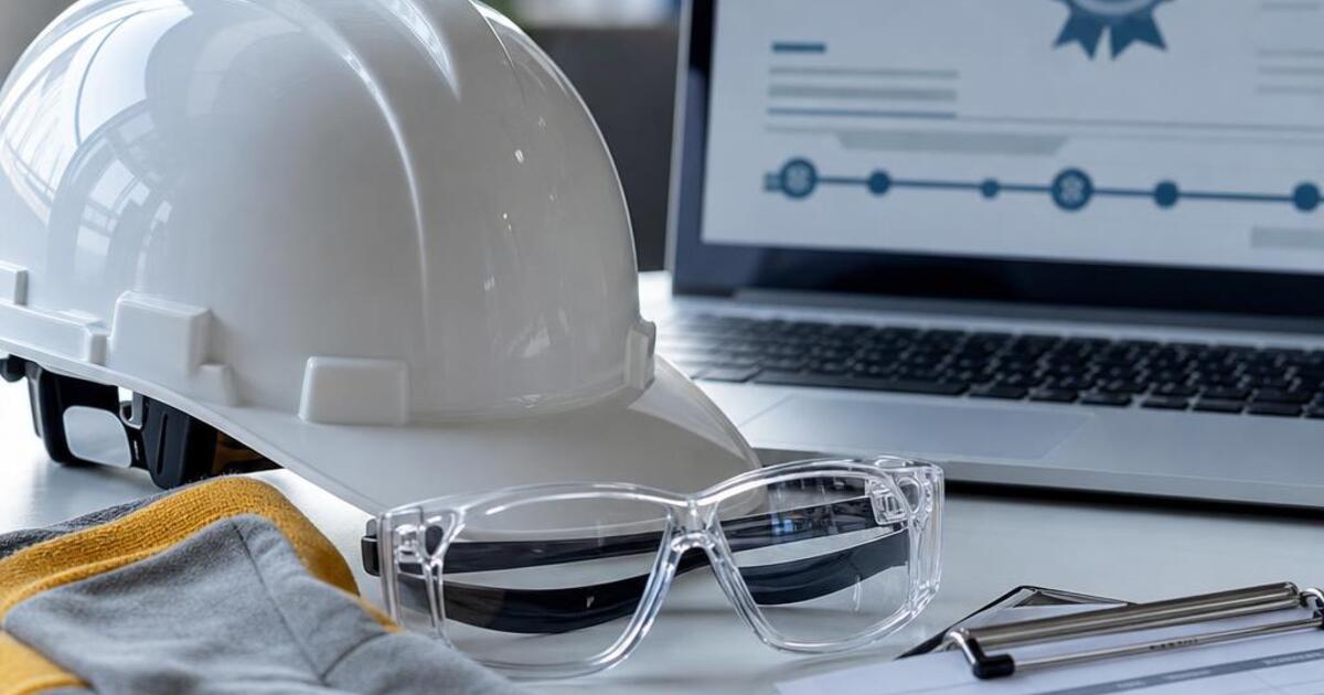 Profissional de segurança verificando etiqueta de CA em capacete de proteção industrial.