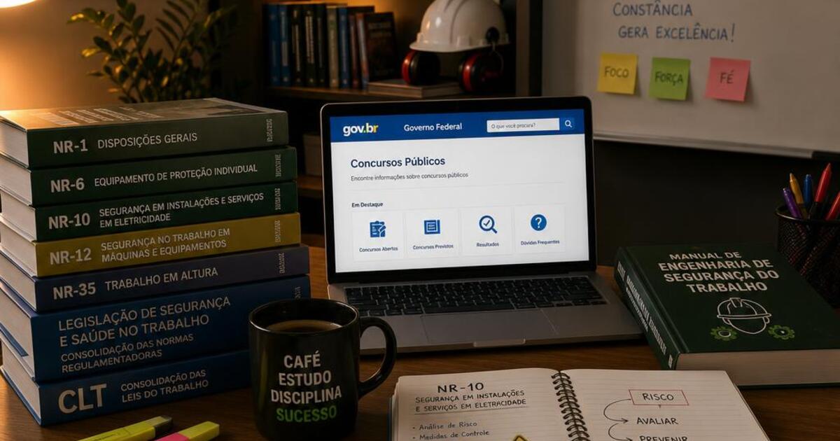 Profissional de SST estudando para concurso público com livros de NRs e laptop mostrando site gov.br em mesa bem organizada