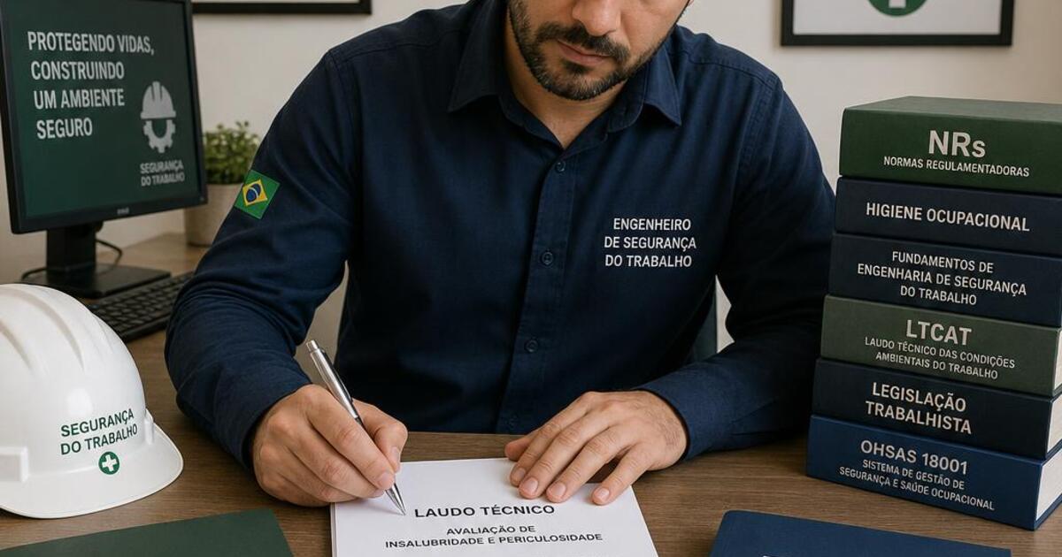 Engenheiro de Segurança do Trabalho assinando laudo técnico com pastas de insalubridade e periculosidade sobre a mesa