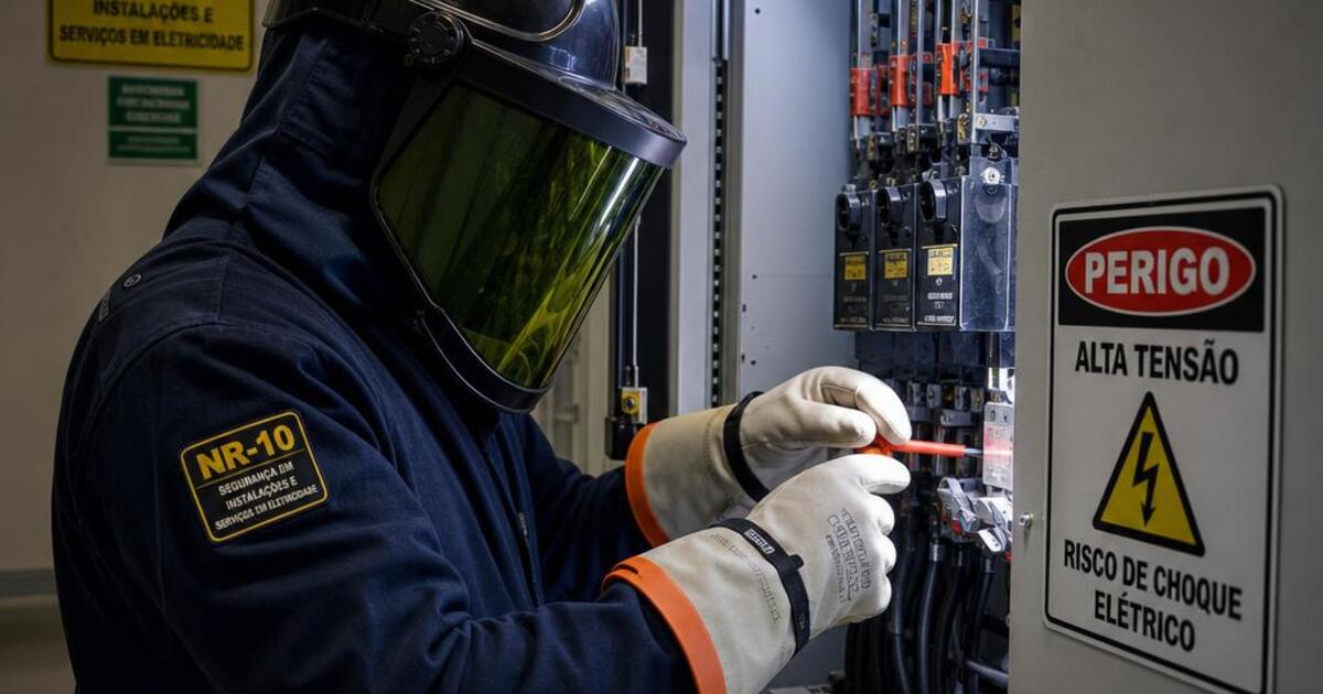 Eletricista com EPF completo — escudo facial e luvas isolantes — trabalhando em painel elétrico de alta tensão em planta industrial