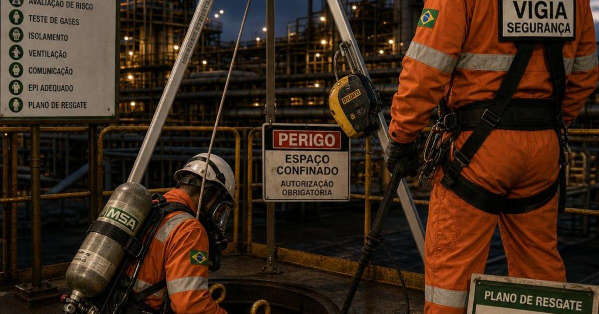 Equipe de espaço confinado: trabalhador com SCBA prestes a entrar em tampa de manhole, vigia no ponto de acesso com tripé de emergência e linha de vida