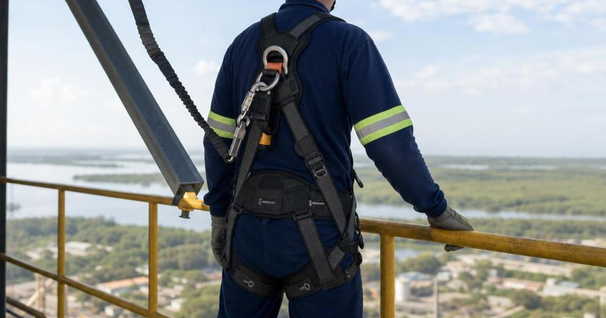 Trabalhador com cinto de segurança tipo paraquedista e linha de vida fixada em estrutura metálica realizando trabalho em altura em planta industrial.