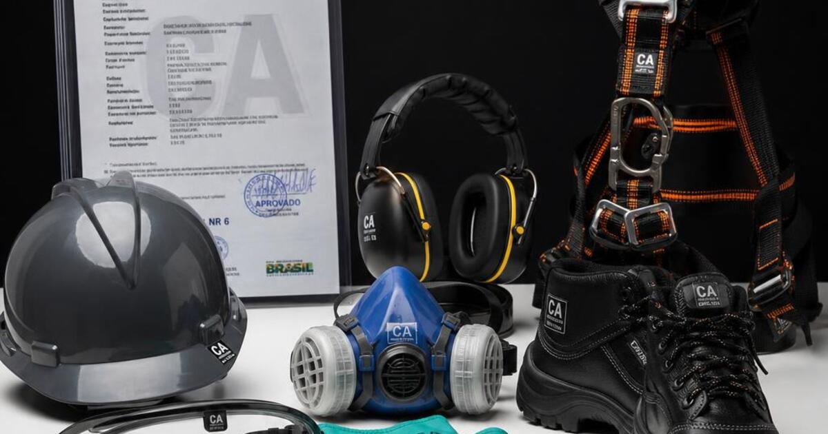 Profissional de segurança conferindo capacetes, luvas e protetores em estoque organizado de equipamentos de proteção individual