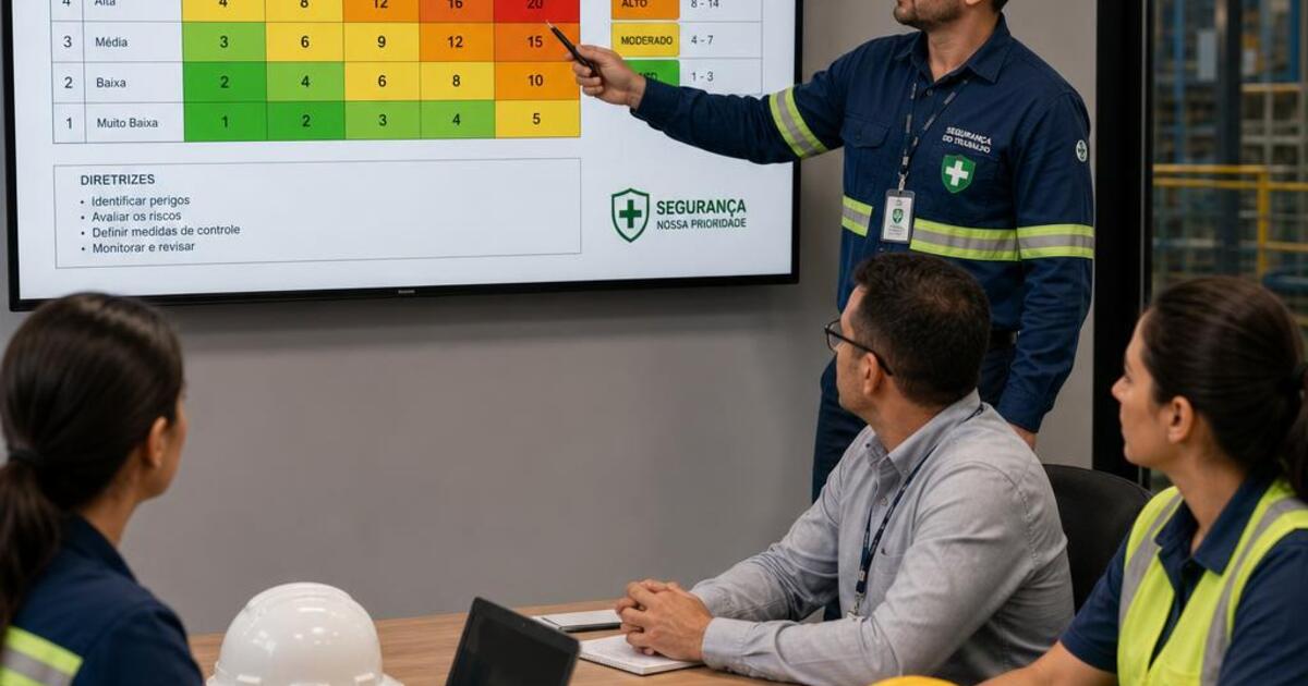 Gestor de SST apresentando matriz de riscos GRO/PGR para equipe em sala de reunião industrial com matriz colorida na tela