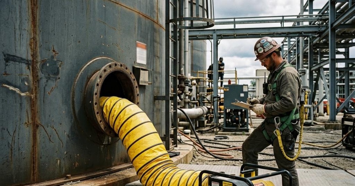 Insuflador industrial com manga flexível descendo até o fundo de um tanque, e detector de gases de quatro sensores na abertura.