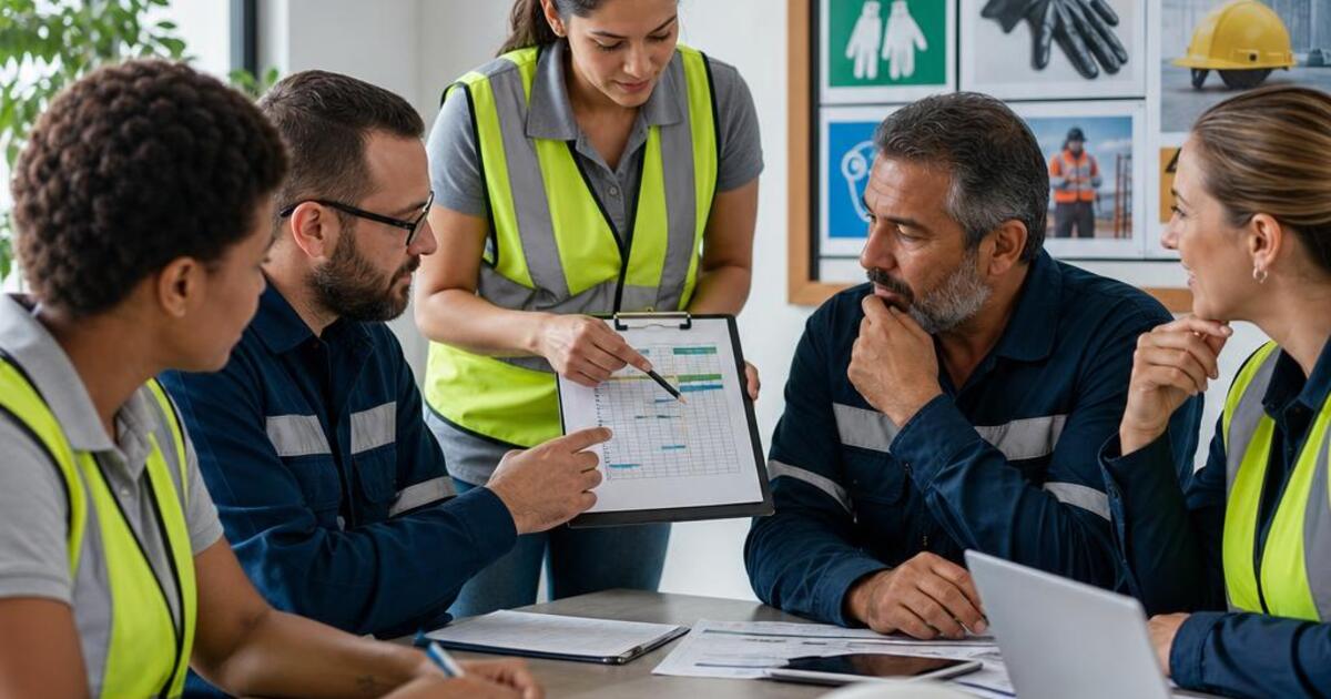 Reunião de CIPA com membros sentados em mesa de conferência examinando documentos de segurança do trabalho.