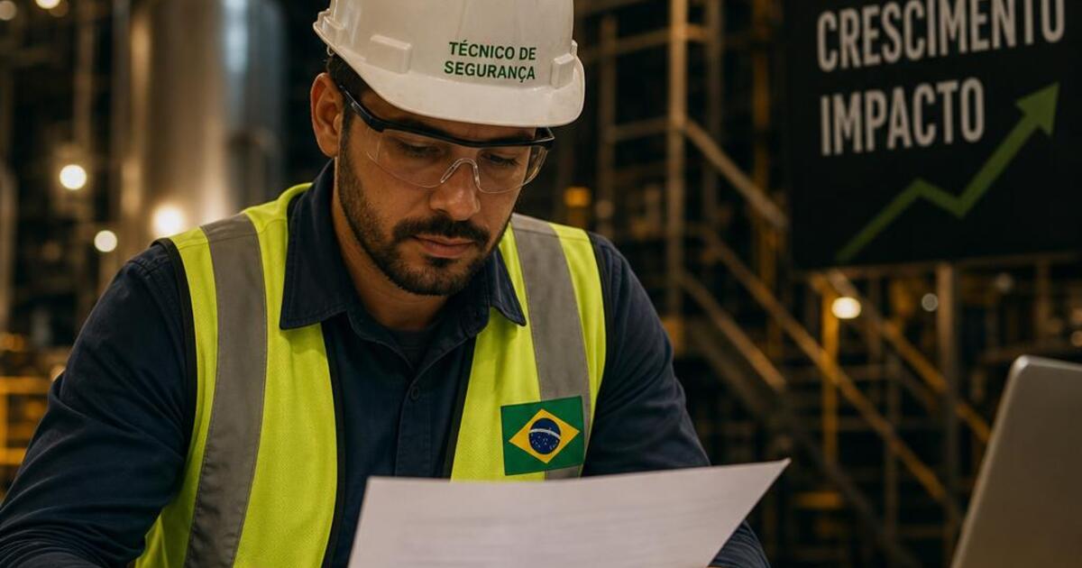 Técnico de Segurança do Trabalho em capacete e colete revisando documentos em mesa com ambiente industrial brasileiro ao fundo